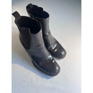 White Mountain Livelong Boots Women 8M Brown Excellent Croc Embossed Block Heel